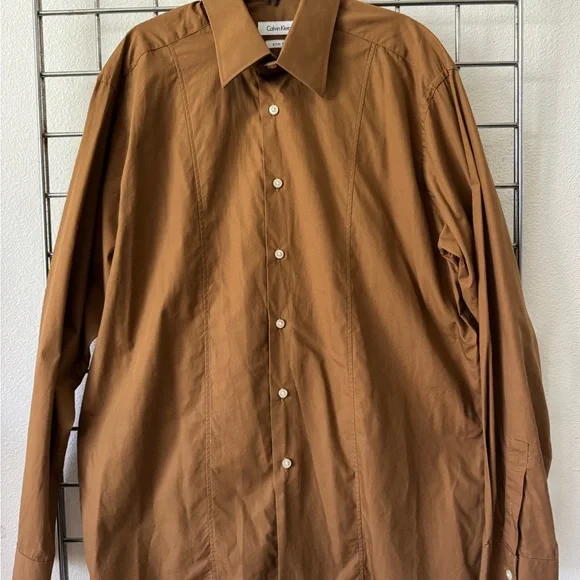 CALVIN KLEIN Brown Slim Fit Dress Shirt - Picture 1 of 7